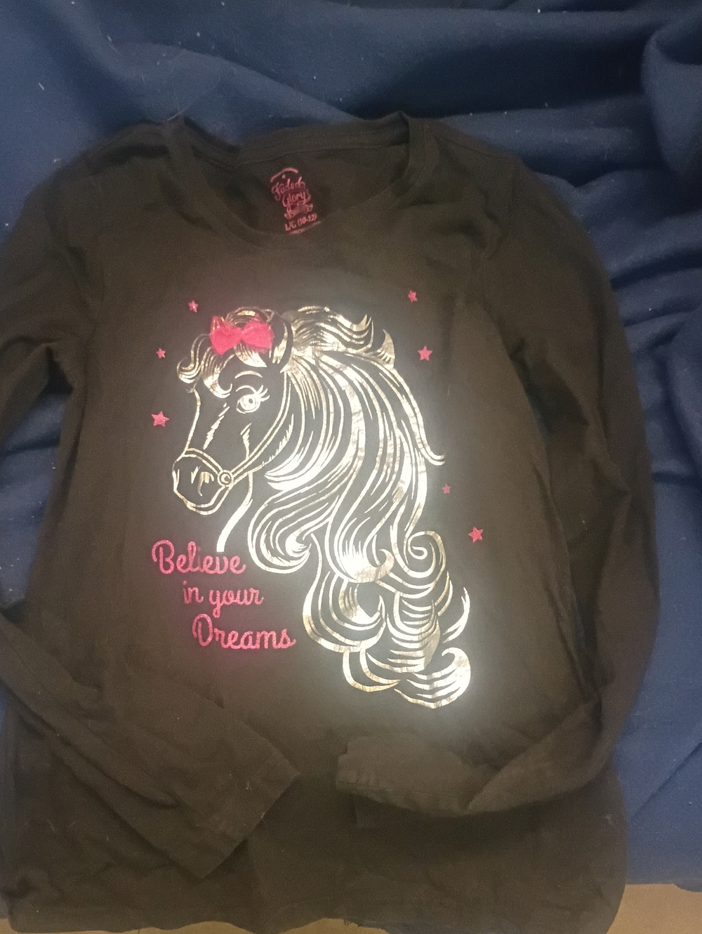 Faded Glory Black Long-Sleeve Tee with Silver Horse and Pink Accents